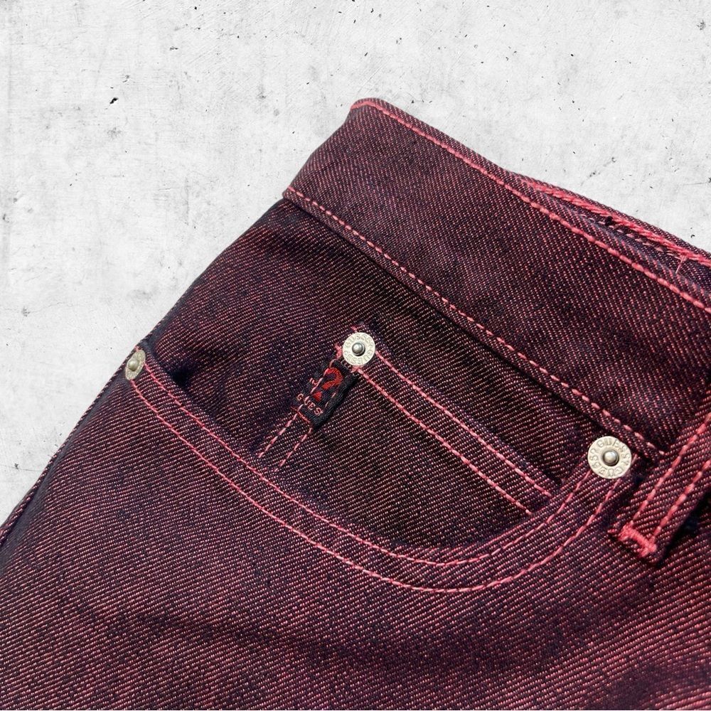 Vtg 90s Guess Jeans USA Jeans, Relaxed Boot Leg, Garment Dye Red Denim, 30 x 28 - Picture 4 of 9